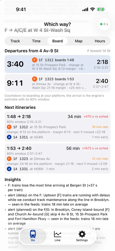 The Board view: a departure board for the platform with countdowns to boarding.