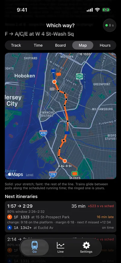 The Map view: the route’s track in Brooklyn and Manhattan with the trains at their positions.